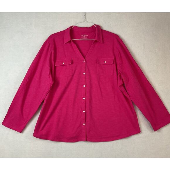 Talbots Plus Shirt Womens 3X Pink Knit Button Front Collar Long Sleeves Casual - Picture 1 of 9